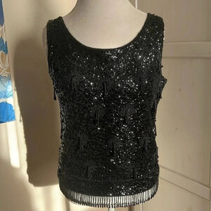 Stunning Vintage Black Wool Sequins Sleeveless Top with Beaded Fringe - Size L